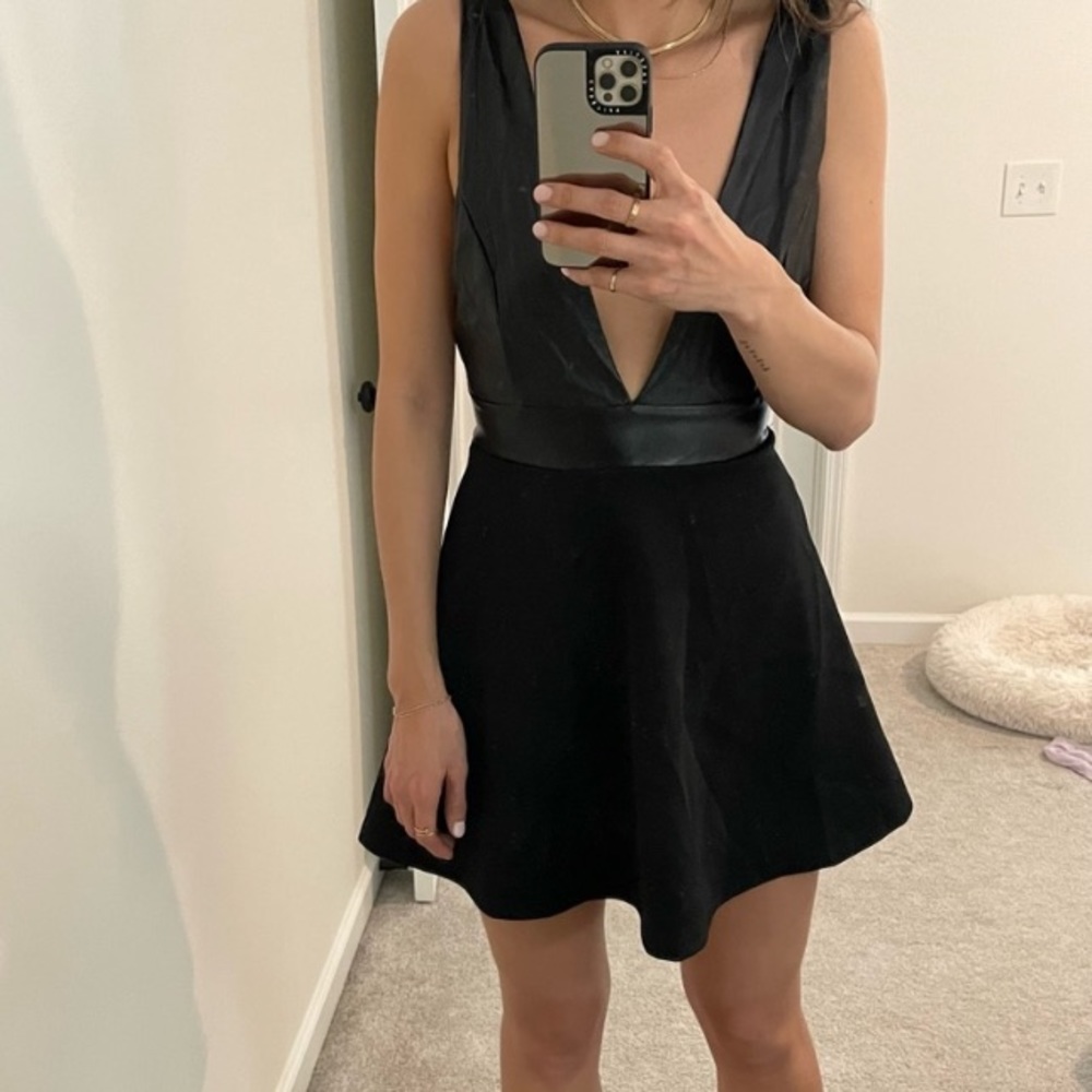 Nasty Gal Deep V Faux Leather Little Black Dress Size Small
